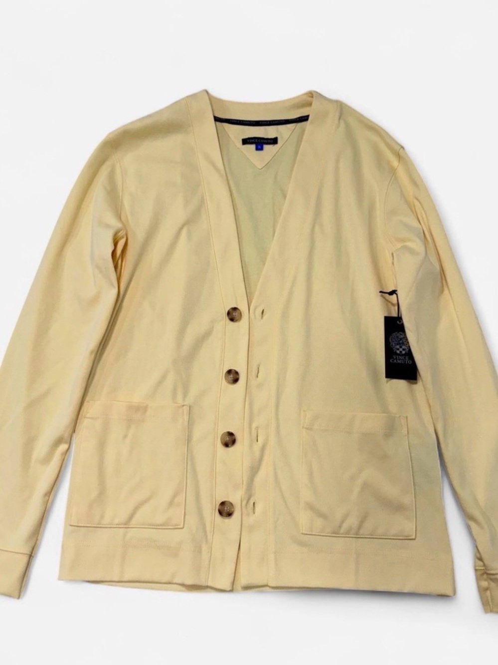Vince Camuto Pale Banana Yellow Twill Knit Button Cardigan Men’s S